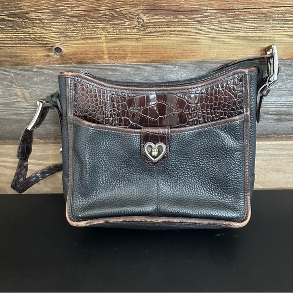 Vintage Brighton Pebble Grain Leather Black w/Brown Alligator Embossed Purse - Picture 1 of 16